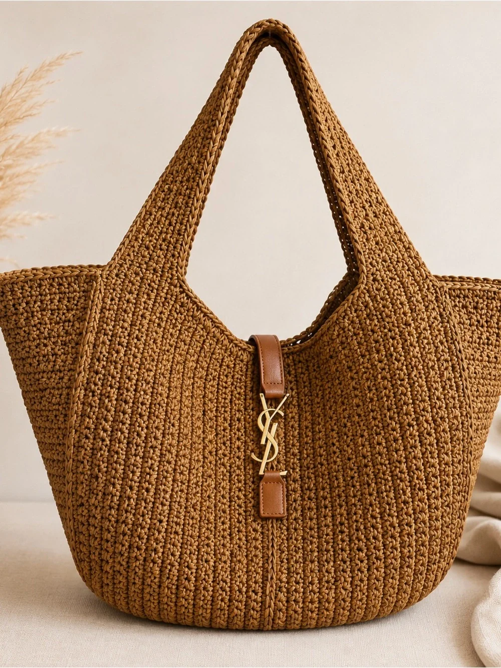 Yves Saint Laurent Brown Woven Tote with Gold Logo